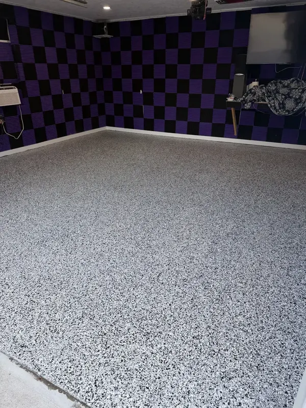 Domino flake garage floor in Ashburn, VA with purple and black checkered wall panels