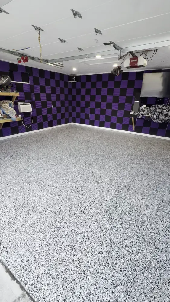Finished Domino flake floor under the open garage door in an Ashburn, VA two-car garage