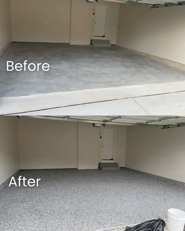 Before and after of a Great Falls, VA garage: bare grey concrete above, the finished Domino flake floor below